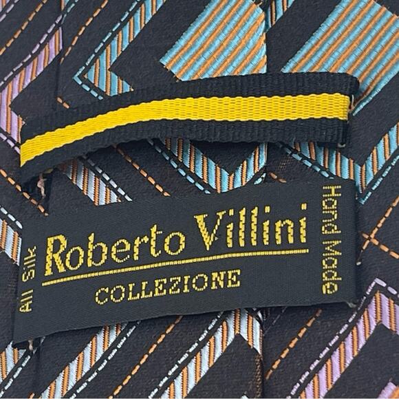 Roberto Villini Black Teal Orange Geometric Pure Silk Career Office Necktie NWOT - Picture 4 of 6
